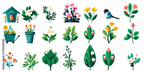 vector set spring element design, flower pot, bird house. leaves with flowers, flowers blooming at home. spring decoration on white background