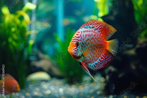 A Discus fish swimming elegantly in a well-planted aquarium