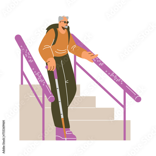 Senior using braille handrails vector illustration