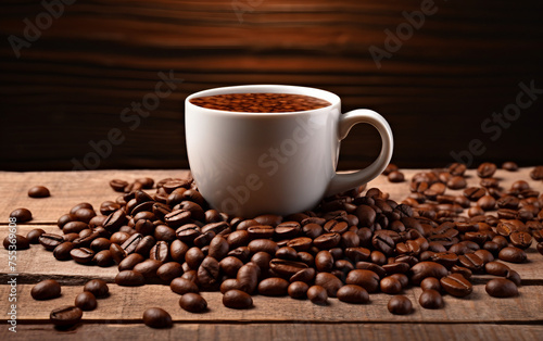 Coffee Mug with Scattered Coffee Beans Isolated on White Background.