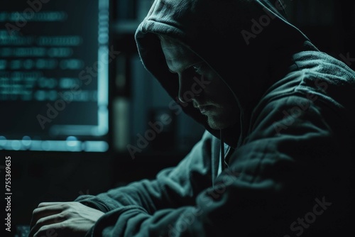 A hacker in a hoodie sitting in a dark room, with lines of code reflected on his face