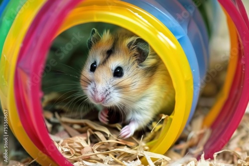 A hamster peering out from a colorful tube in its cage photo