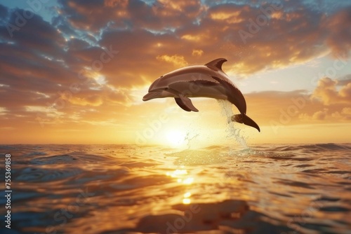 A playful dolphin leaping from the ocean's surface against a sunset backdrop © Andrei