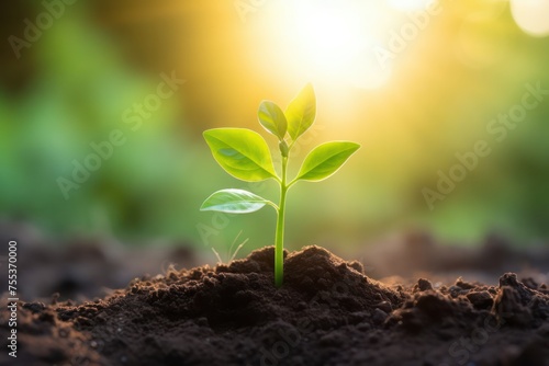 young small tree growing with sunshine in garden. eco concept