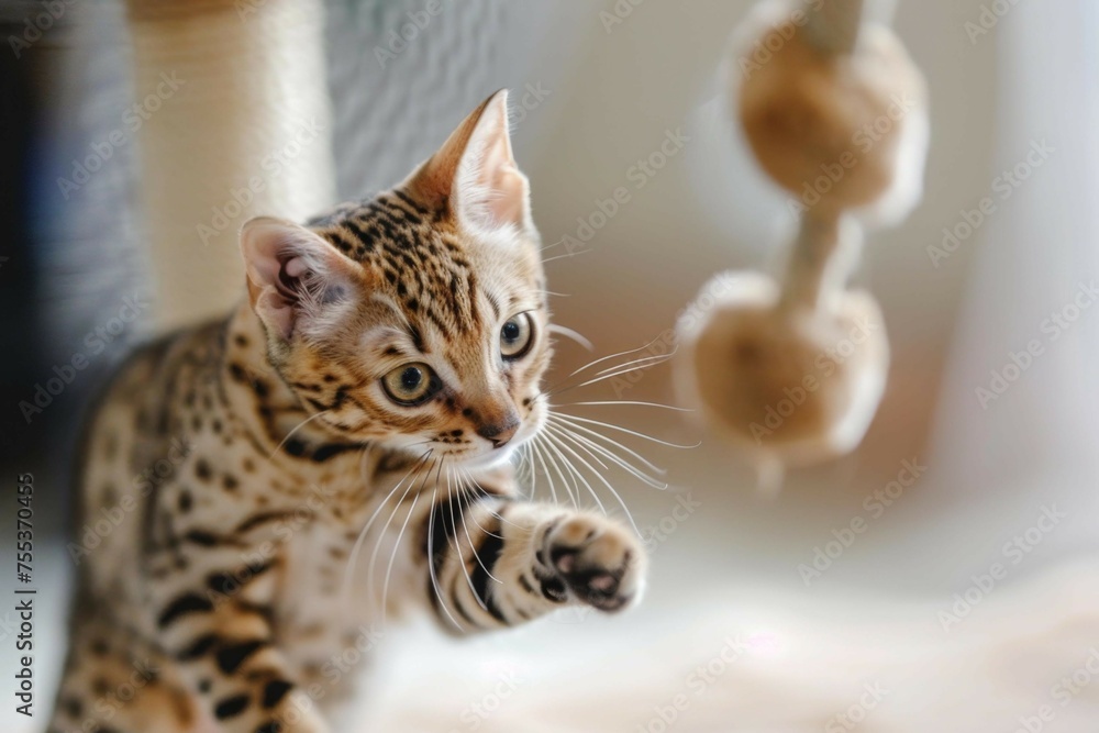 An Ocicat pouncing playfully on a soft, interactive cat toy