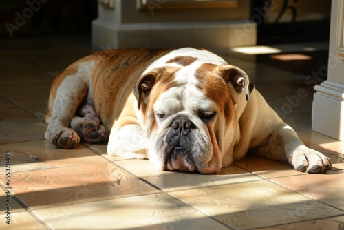 An English Bulldog lazing in a patch of sunlight on a cool tiled floor photo