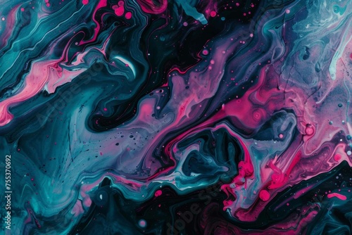 Magenta and cyan liquid swirls on a dark marble, portraying a vivid contrast and bold visual appeal