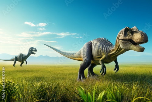dinosaur in the meadow with blue sky  3d render