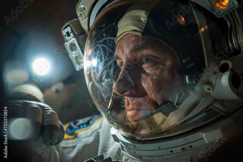 reflections from the surface of the astronauts' helmets