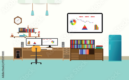 office interior analyze share graph financial business with two compute screen on the table flat design cartoon vector illustration