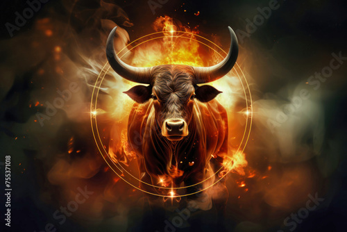 A fierce bull with horns surrounded by blazing flames in a fiery ring