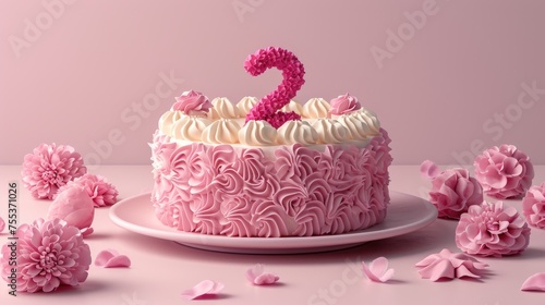 Pink Birthday Cake with Two Tiers  Decorated with Pink and White Roses