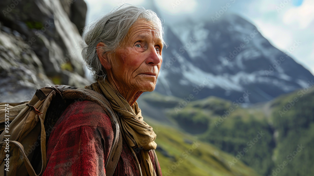 Elderly woman wearing a backpack, standing against a mountain backdrop