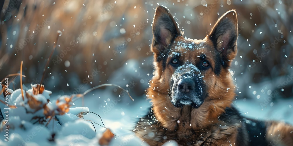 Snowy Landscape Adaptability Shepherd Dog in a Winter Setting. Concept Shepherd Dog, Winter Setting, Snowy Landscape, Adaptability, Outdoor Photoshoot Snowy Landscape Adaptability Shepherd Dog in a Winter Setting. Concept Shepherd Dog, Winter Setting, Snowy Landscape, Adaptability, Outdoor Photoshoot