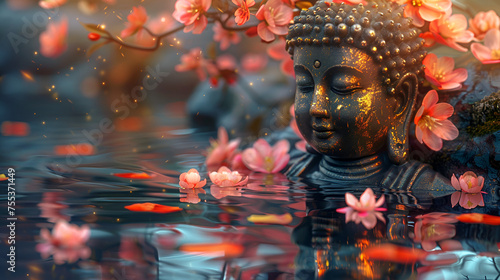 Focus Golden Boudha and Lotus flowers statue sitting on the water, a water lily in the pond, a white lotus in a golden magic pond, generative ai © Azmee