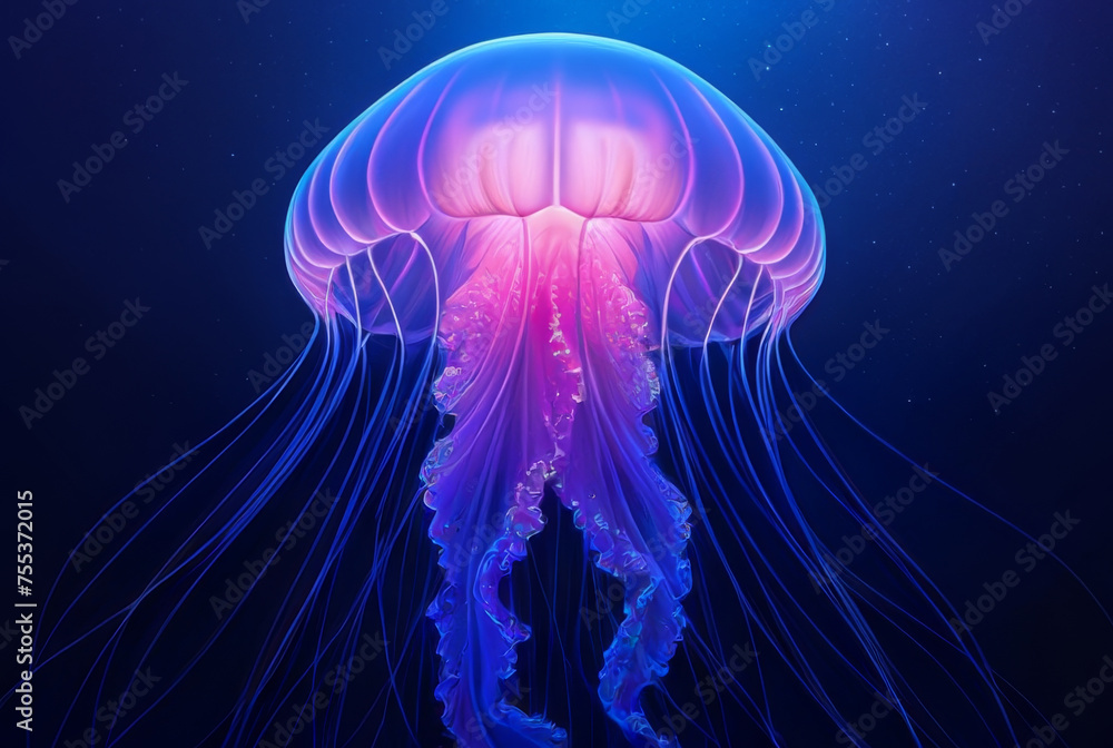 Blue and pink jellyfish on a dark background. 3d rendering