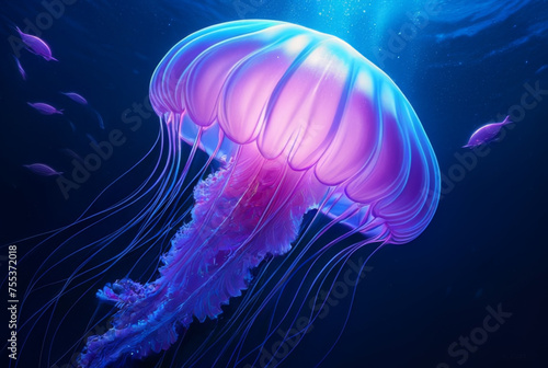 Blue and pink jellyfish on a dark background. 3d rendering © Steve