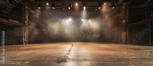 Atmospheric Empty Theater Stage with Dramatic Lighting and Fog photo