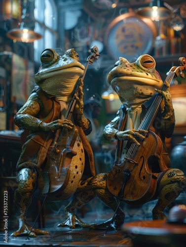 Frogs as jazz musicians playing a lively set in a smoky