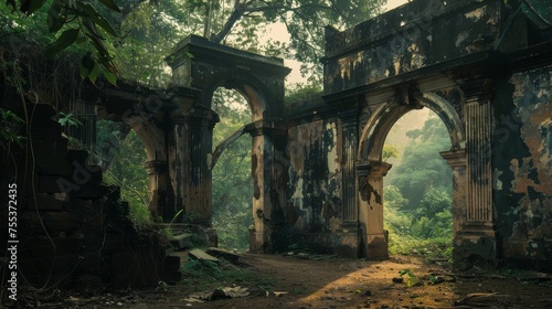 Abandoned Colonial Fort at Night Background - Haunting illustration of an abandoned colonial fort under the moonlight, its crumbling walls overtaken by the jungle created with Generative AI Technology