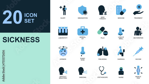set of Disease, sickness, icons Person is sick. Viral illness, fever, chills, pain of organs, pain of parts of the body, disorders.