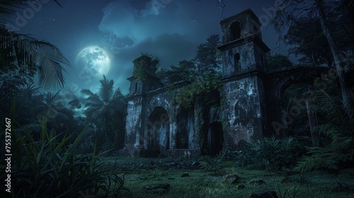 Abandoned Colonial Fort at Night Background - Haunting illustration of an abandoned colonial fort under the moonlight, its crumbling walls overtaken by the jungle created with Generative AI Technology