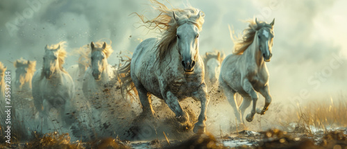 Wild horse stampede. Desaturated color palette, highly detailed. Horses, nature, outdoor.