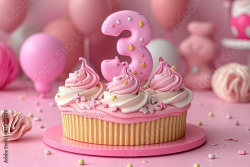 Three balloons floating near a pink cupcake with sprinkles and a number three decoration
