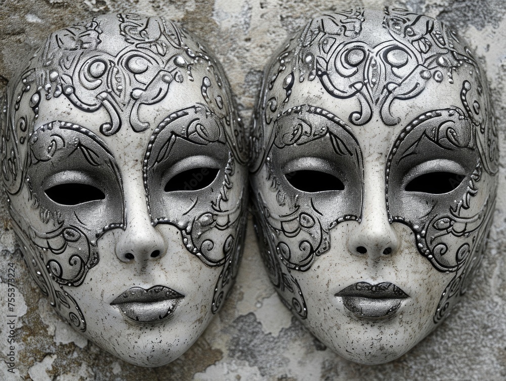 Two silver masks on a stone wall Two silver masks on a stone wall