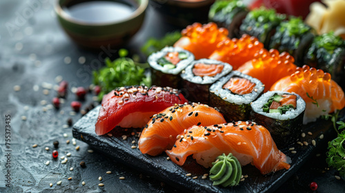 Delicious sushi rolls. Japanese seafood. Sushi servings, preparation, display.	