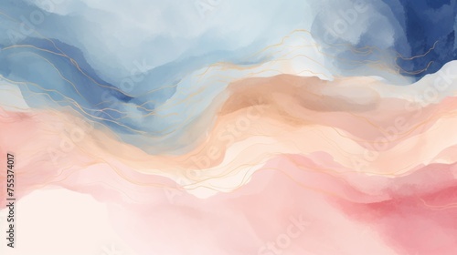 Horizontal Watercolor art background with brush and gold line in pastel colors, smooth waves. Layout for postcards, flyers, posters, book covers, banners, advertising and design. Copy Space