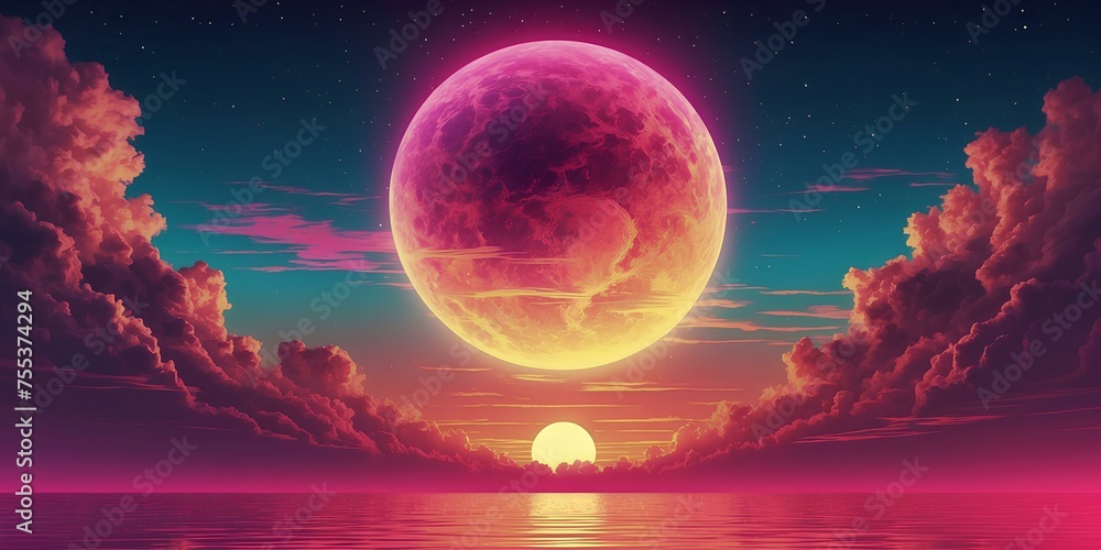 Retro sun in 80`s style. Vaporvave, retrowave, synthwave futuristic background with sunset. Trendy design for sci-fi, cyber abstract poster, print. Abstract pastel holographic blurred grainy gradient