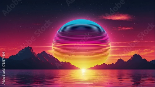 Retro sun in 80`s style. Vaporvave, retrowave, synthwave futuristic background with sunset. Trendy design for sci-fi, cyber abstract poster, print. Abstract pastel holographic blurred grainy gradient