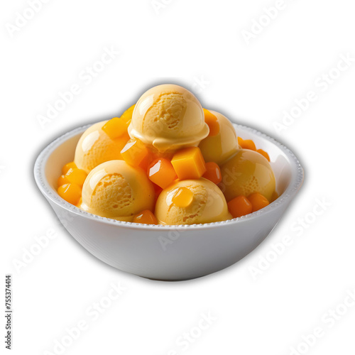 Mango ice cream and mango pieces in a white bowl, transparent background, png