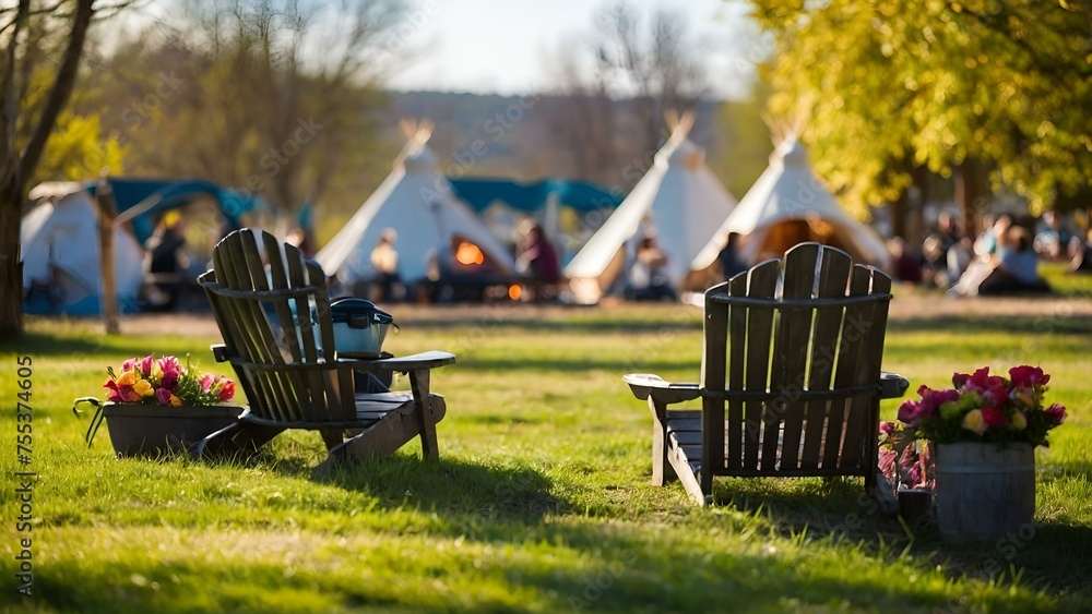 White canvas teepees or wigwams camped in a park - obrazy, fototapety, plakaty 