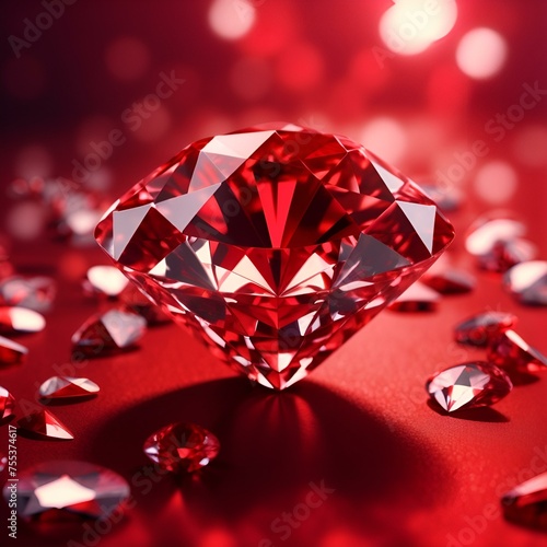 Red diamond on a black background with  Red Ruby gemstone Round Cut on black background  close up shot. bokeh.