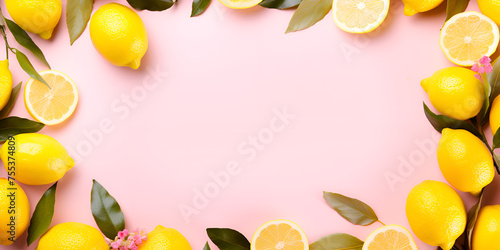  Fresh lemons with green leaves on yellow background, top view with copy space