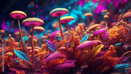  Journey to a magical country with colored mushrooms and crystals