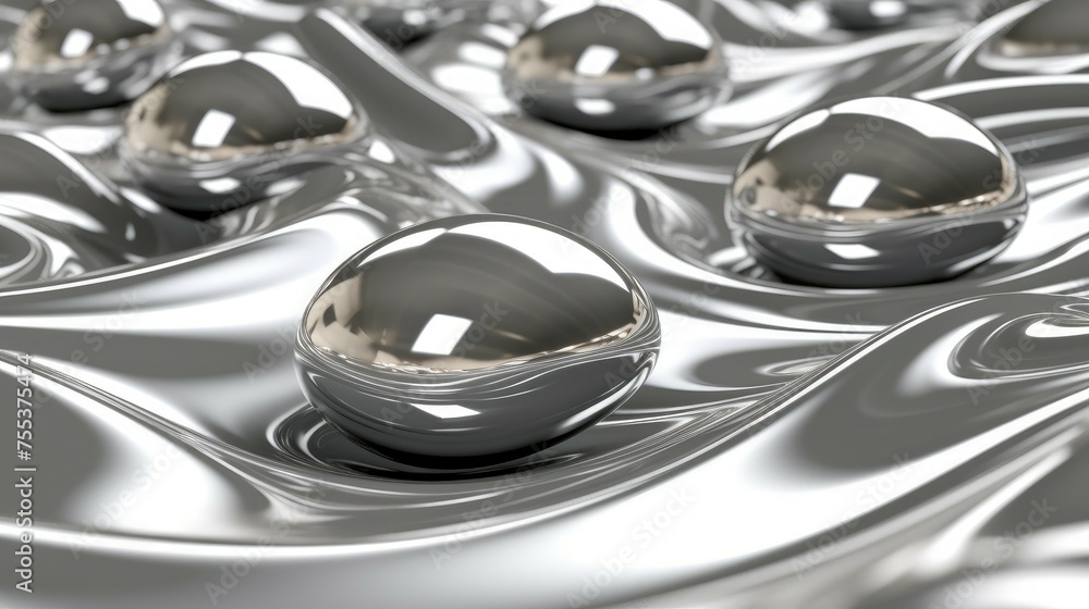 3d render of abstract metallic background with glossy spheres in silver liquid - obrazy, fototapety, plakaty 