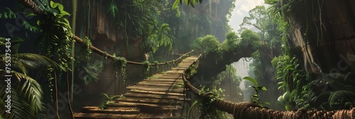 Jungle Bridge Vines Background - Over a Ravine a precarious bridge made of vines and wooden planks, stretching across a deep ravine in the heart of the jungle created with Generative AI Technology photo