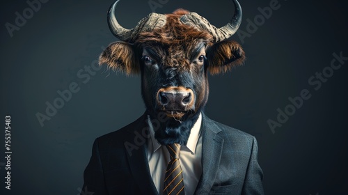 Boardroom meets barnyard  A suave buffalo in business attire 