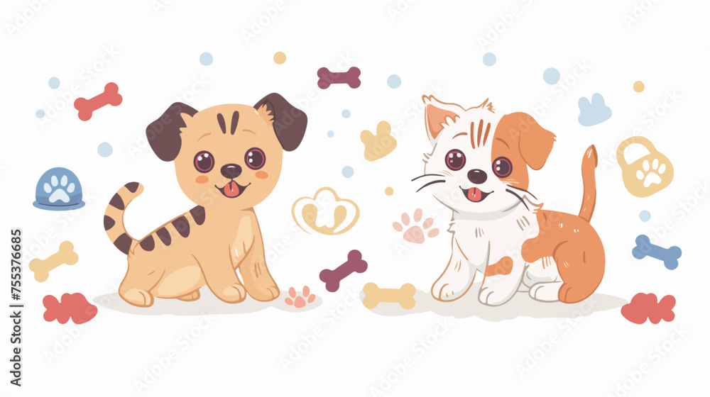 Adorable Cat and Puppy Flat Vector Illustration.