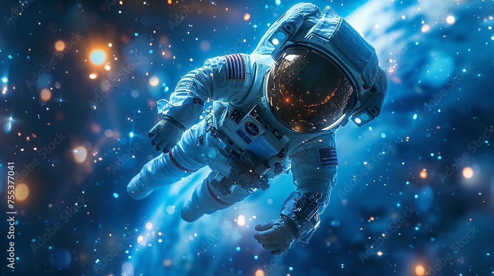 Dreamy scene of a kid astronaut floating in zero gravity - obrazy, fototapety, plakaty 