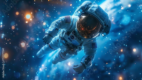 Dreamy scene of a kid astronaut floating in zero gravity photo