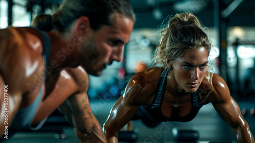 A man and woman in a gym setting engaged in a workout routine that involves pushups