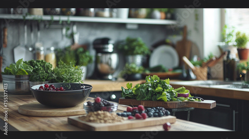 A peacefully serene clean and wellorganized kitchen where beautifully detailed carefully selected healthy foods like greens berries nuts and seeds are arranged magnetically