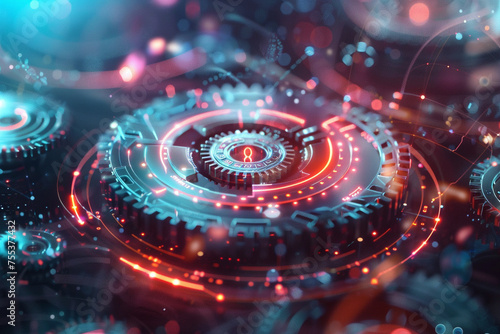 A unique holographic interface displaying rotating gears and cogs created by a talented illustrator and 3D animator with a vibrant backdrop background