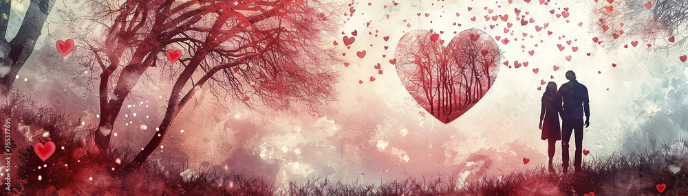 Create a romantic scene featuring a heart motif and elements of love portrayed in a unique and artistic style