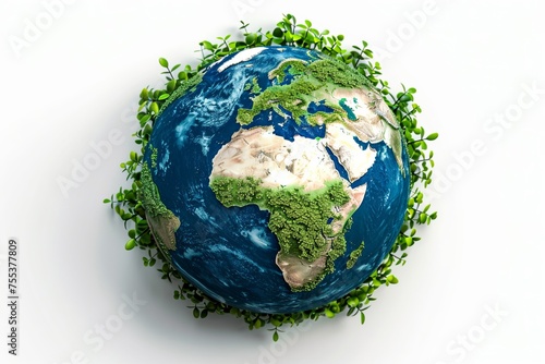 Earth globe with green leaves and plants on white background. Environment and conservation concept World environment day theme on a white backdrop 