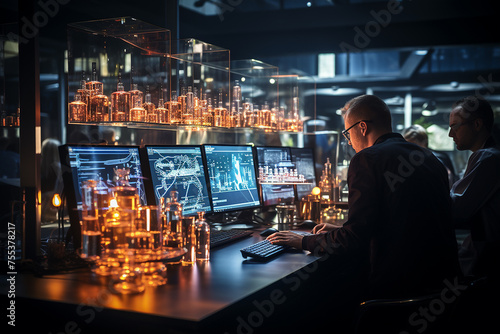 Sci-fi  occupation  technology  health care concept. Scientist working in high tech pharmaceutical laboratory. Surreal futuristic technology and utensils in laboratory. Dark room background